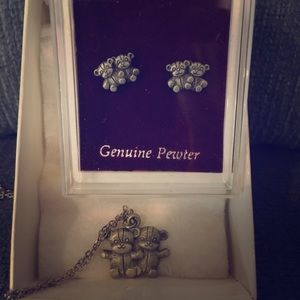 Pewter Teddy Bear Necklace + Earrings